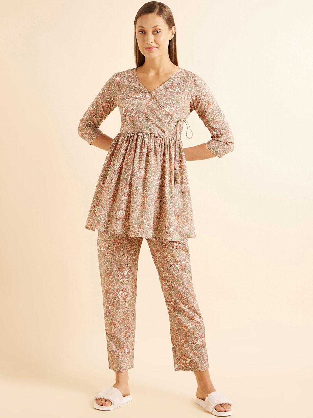 sweet dreams grey & white ethnic motifs printed pure cotton night suit