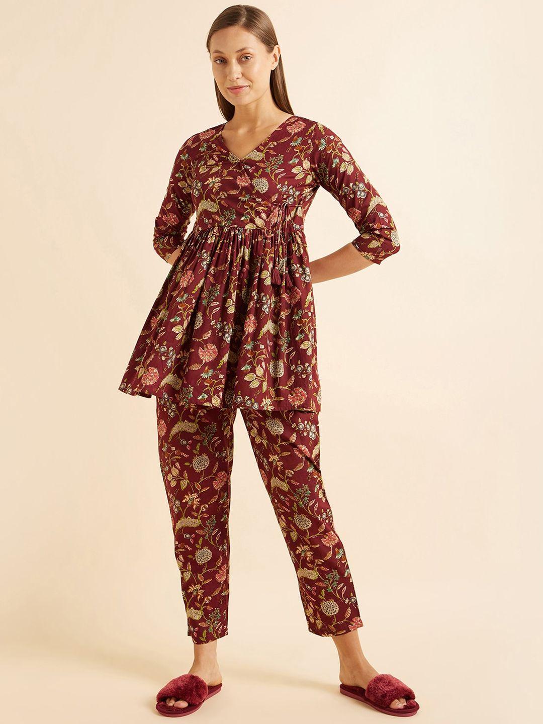 sweet dreams maroon & pink ethnic motifs printed pure cotton night suit