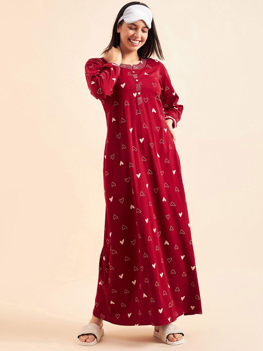 sweet dreams maroon & white conversational printed maxi pure cotton nightdress