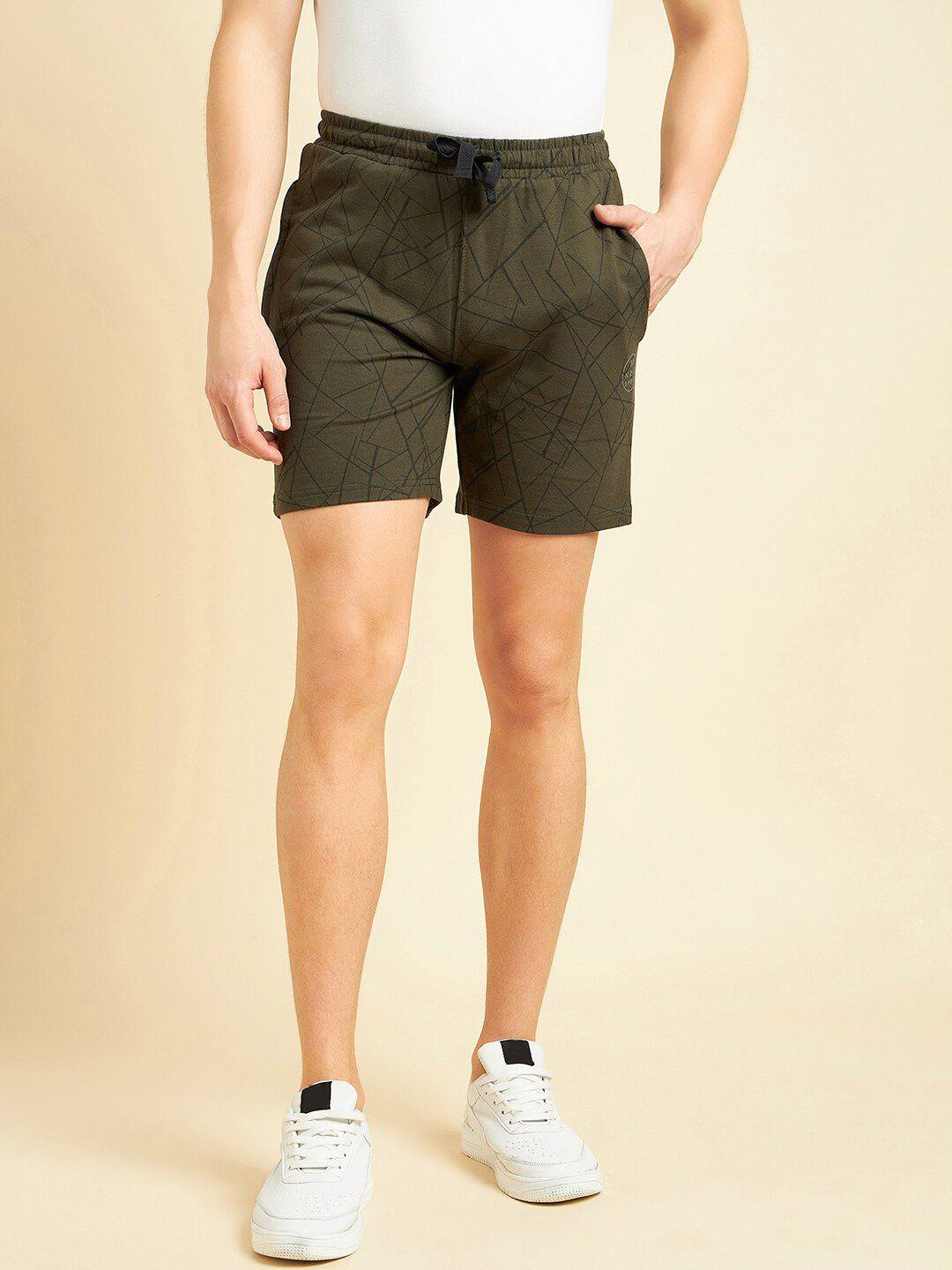 sweet dreams men olive green geometric printed mid-rise cotton shorts
