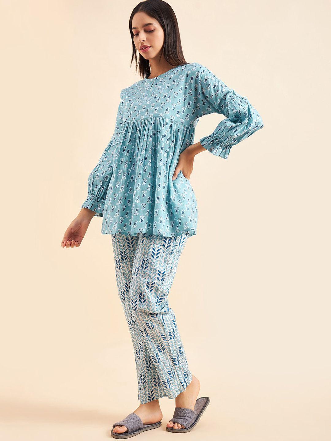 sweet-dreams-navy-blue-&-white-ethnic-motifs-printed-pure-cotton-night-suit