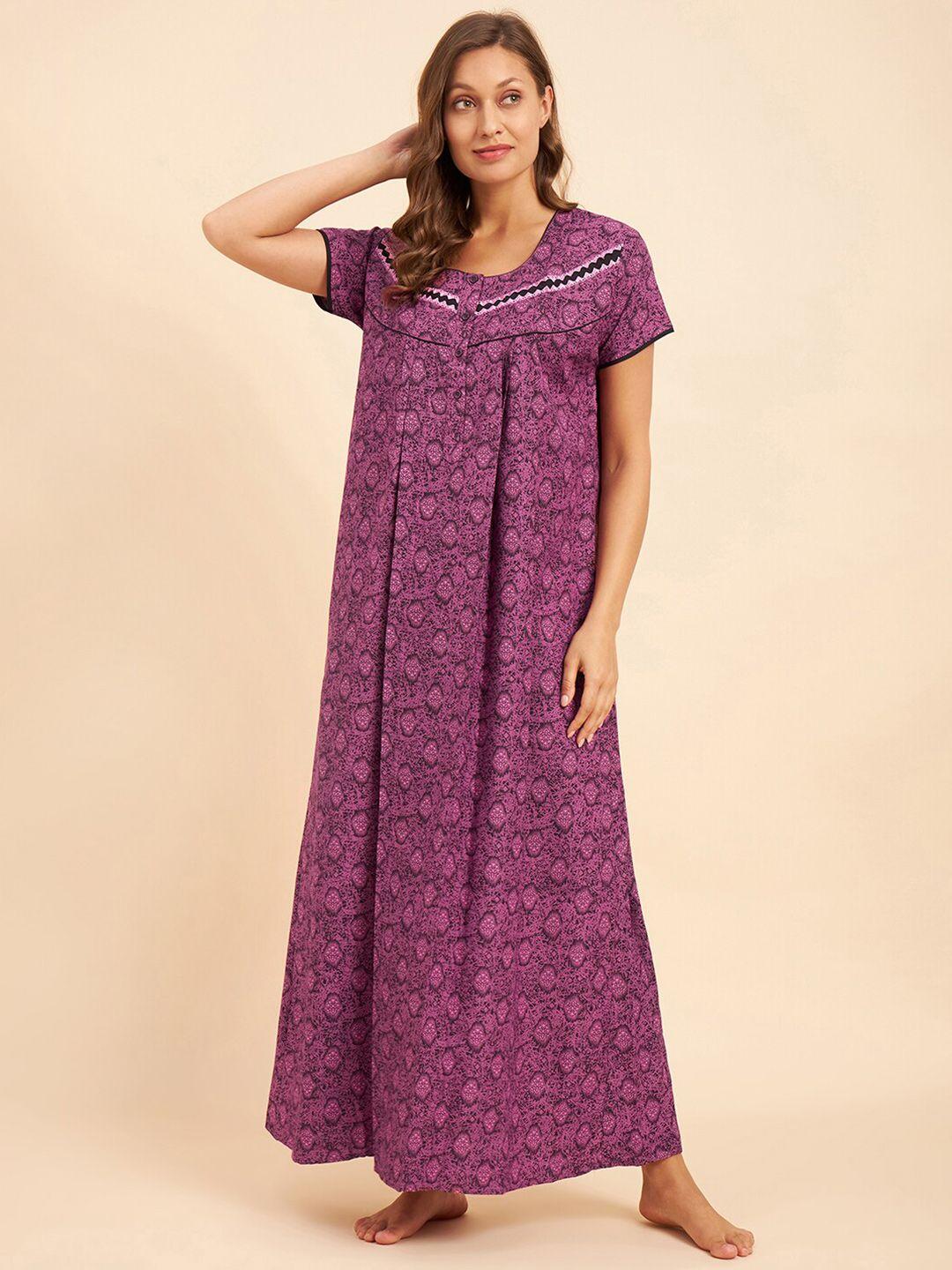 sweet dreams pink & purple ethnic motifs printed maxi nightdress