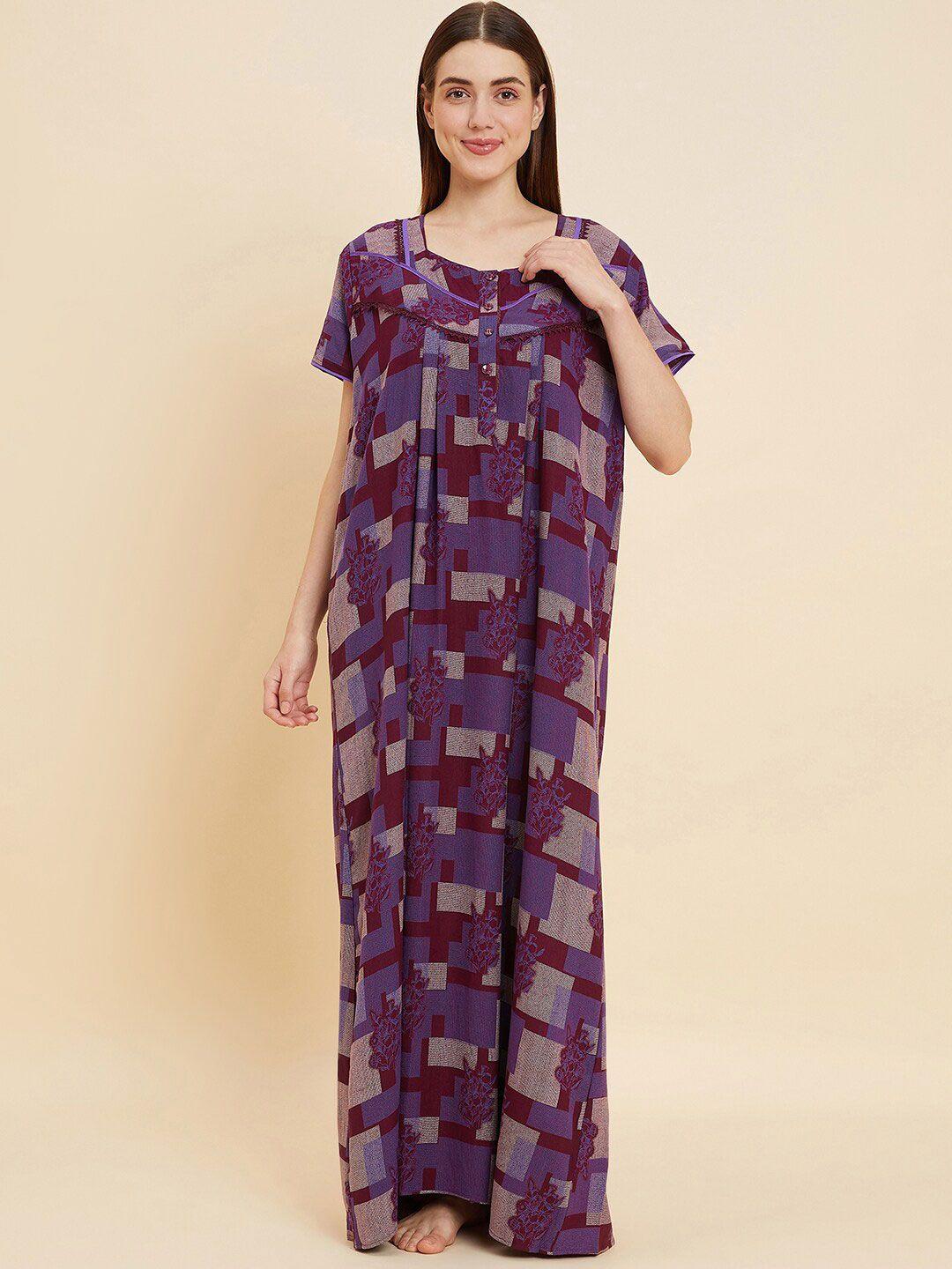 sweet dreams purple and maroon geometric printed square neck pure cotton maxi nightdress