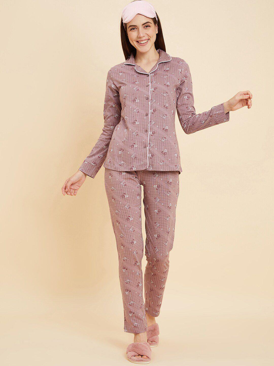 sweet-dreams-purple-conversational-printed-lapel-collar-pure-cotton-shirt-&-pyjama