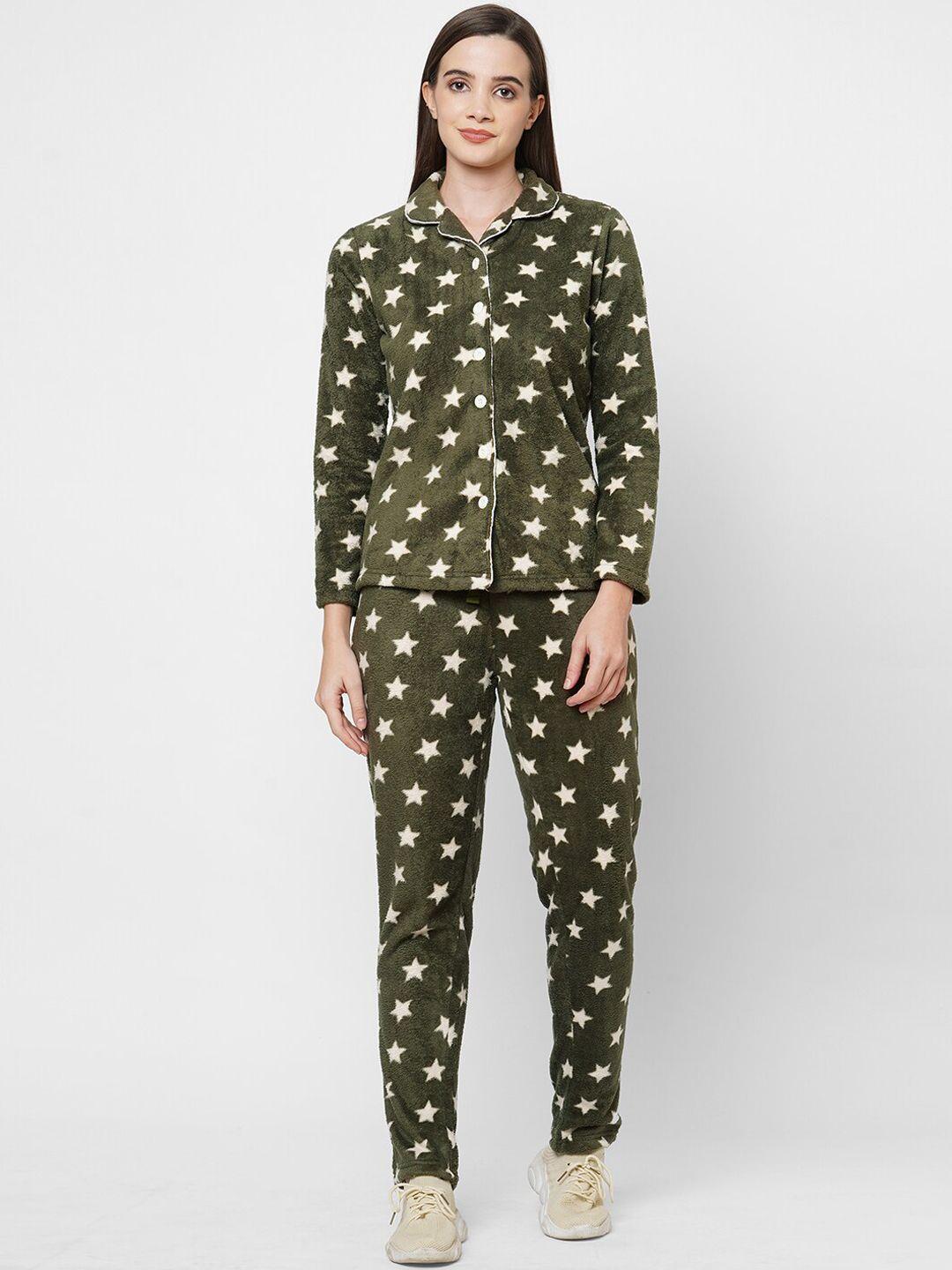 sweet dreams set of 2 women olive green & white printed night suit