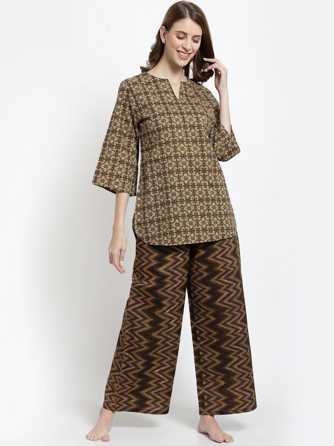 sweet dreams women brown printed pure cotton night suit