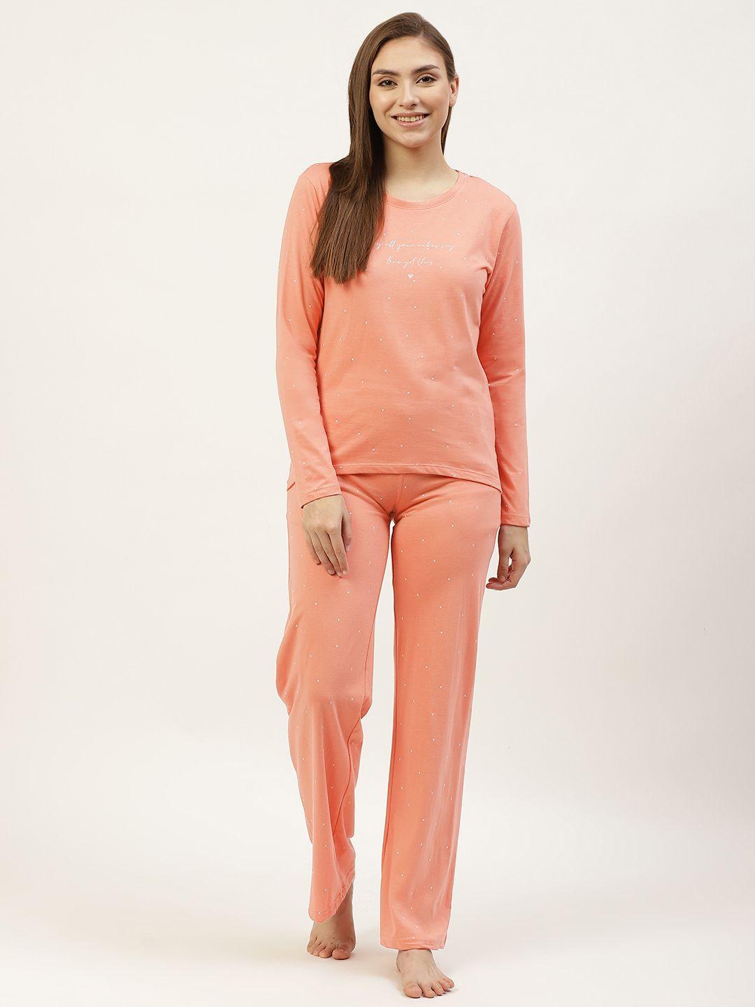 sweet dreams women coral orange & white printed pure cotton night suit