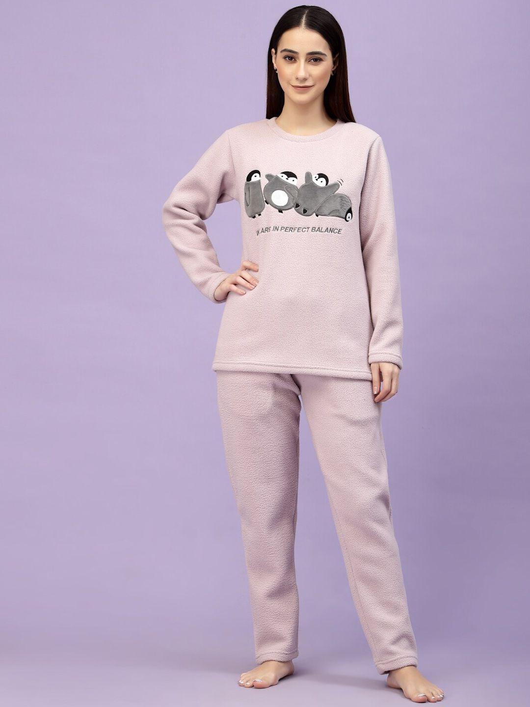 sweet dreams women lavender & grey printed polar fleece winter night suit