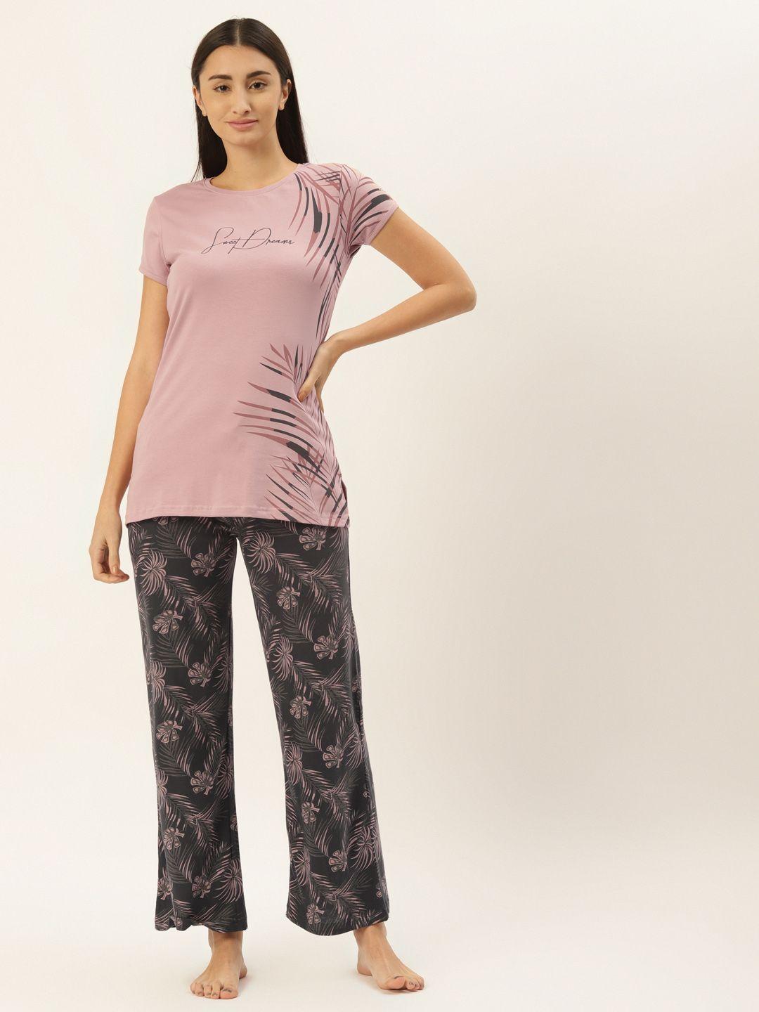 sweet dreams women mauve & charcoal grey printed pyjama set