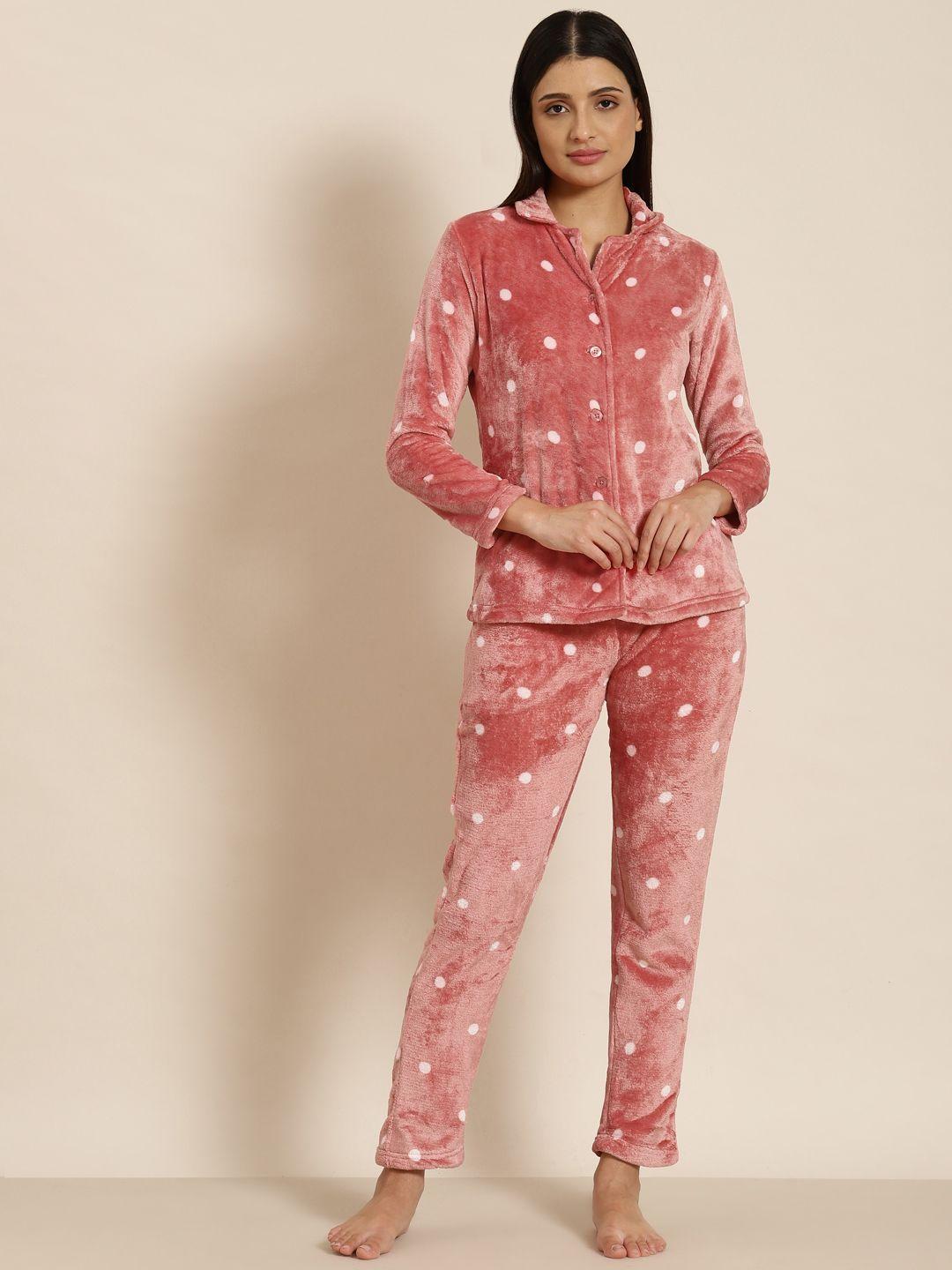 sweet dreams women pink & white printed faux fur night suit