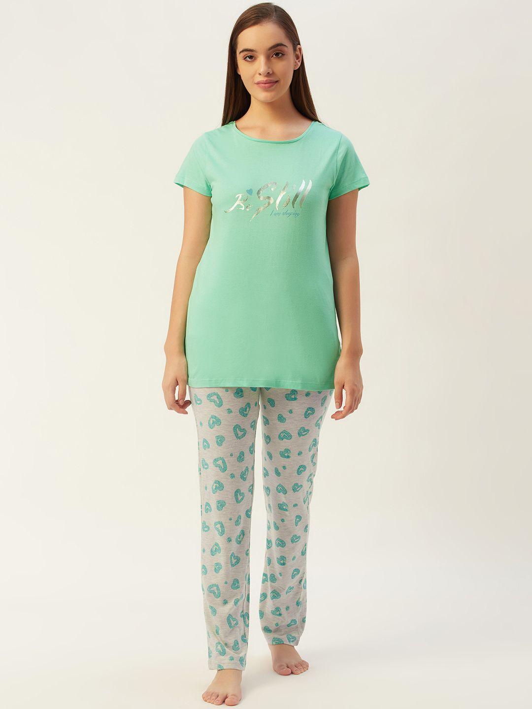 sweet dreams women sea green & grey melange typography print pyjamas set