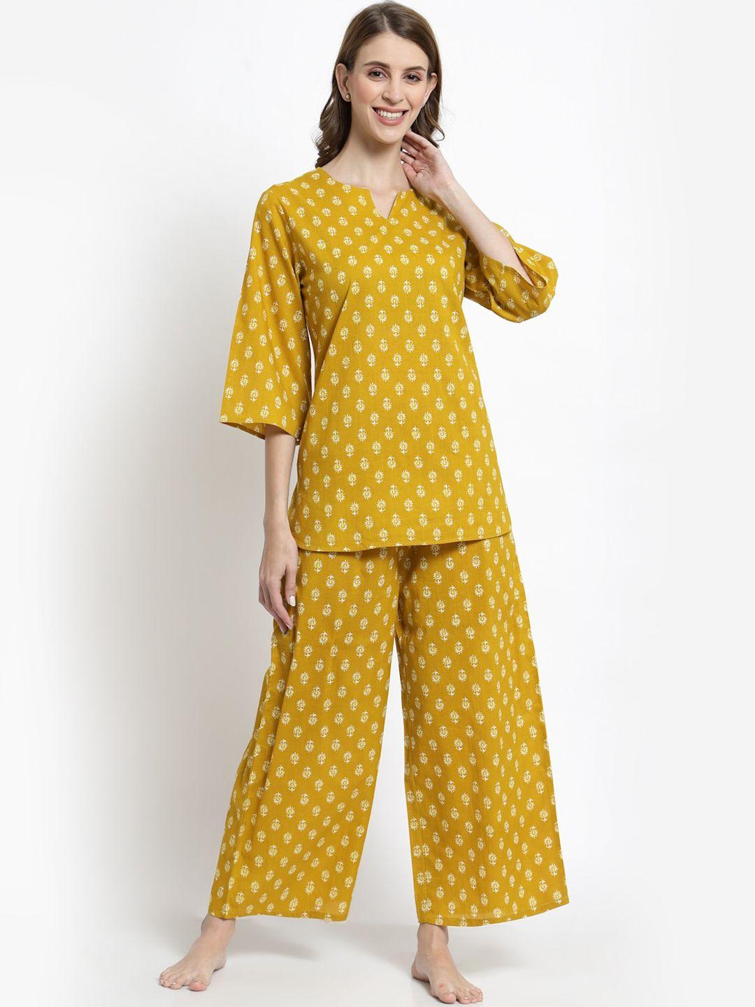 sweet dreams women yellow & white printed pure cotton night suit