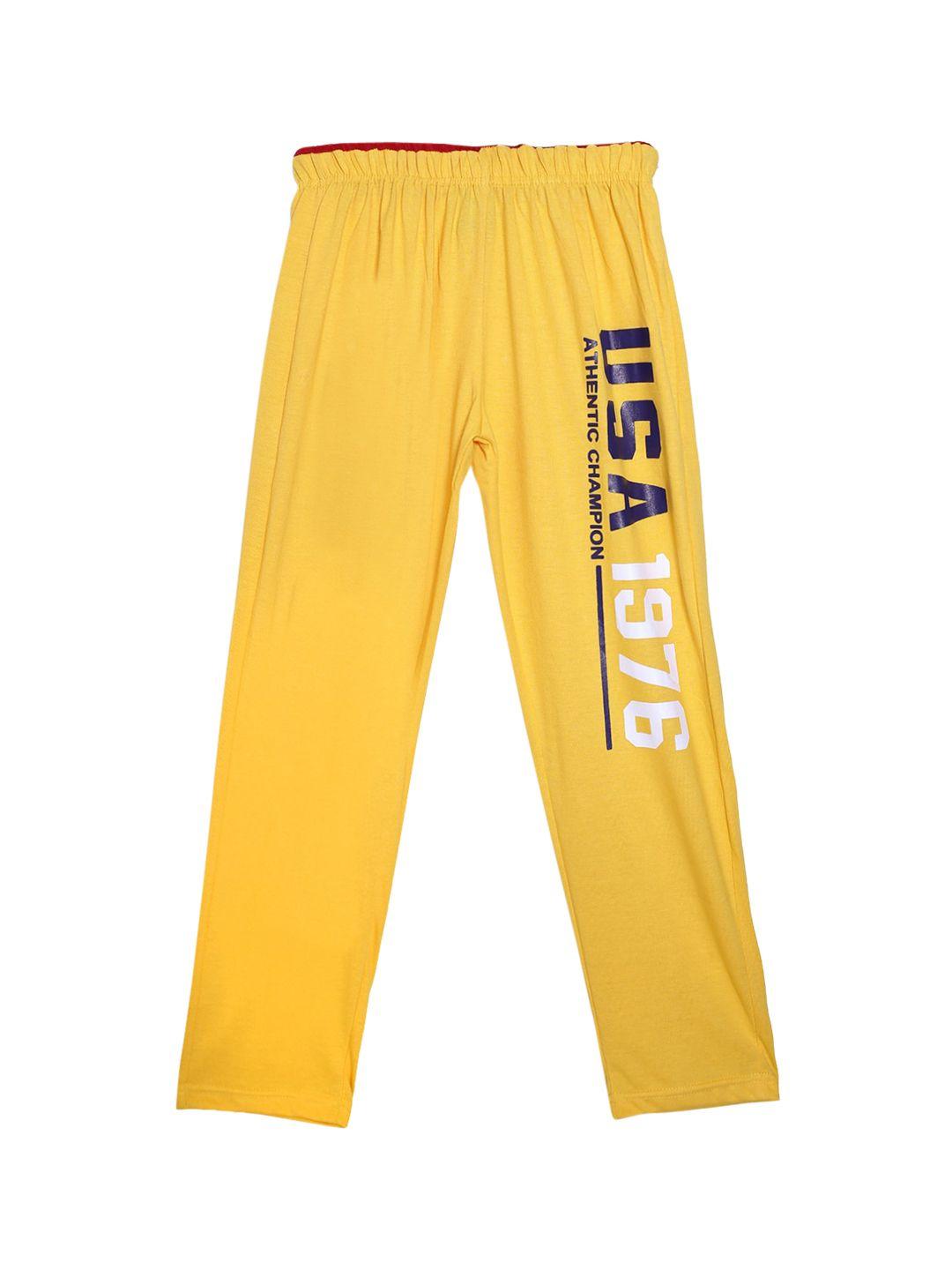 sweet angel boys yellow & navy blue printed straight-fit pure cotton track pants