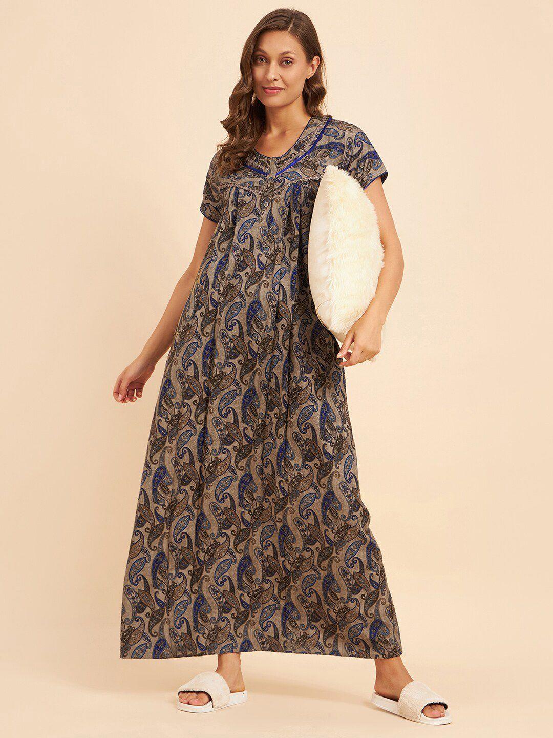 sweet dreams beige & blue ethnic motifs printed maxi nightdress