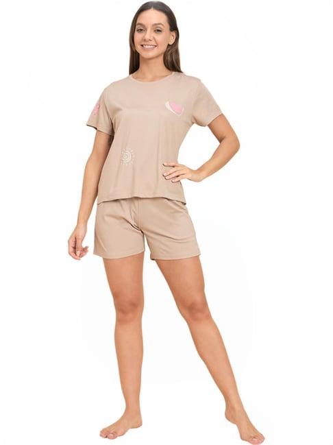 sweet dreams beige printed t-shirt shorts set