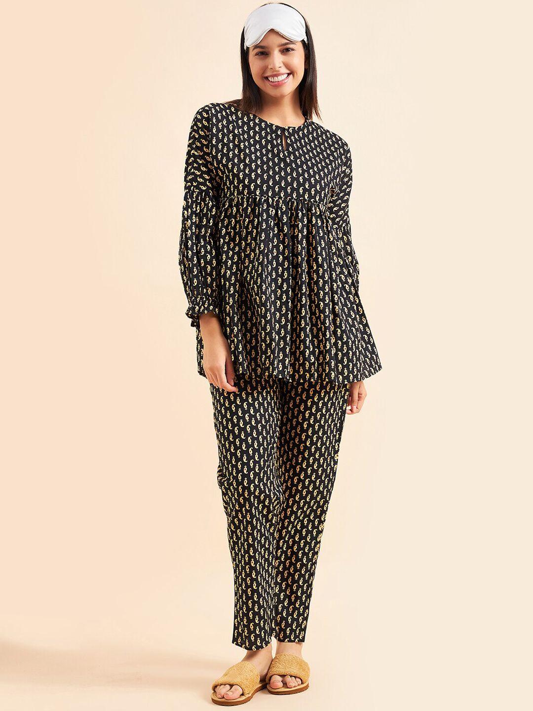 sweet dreams black & yellow printed pure cotton a-line top & trousers