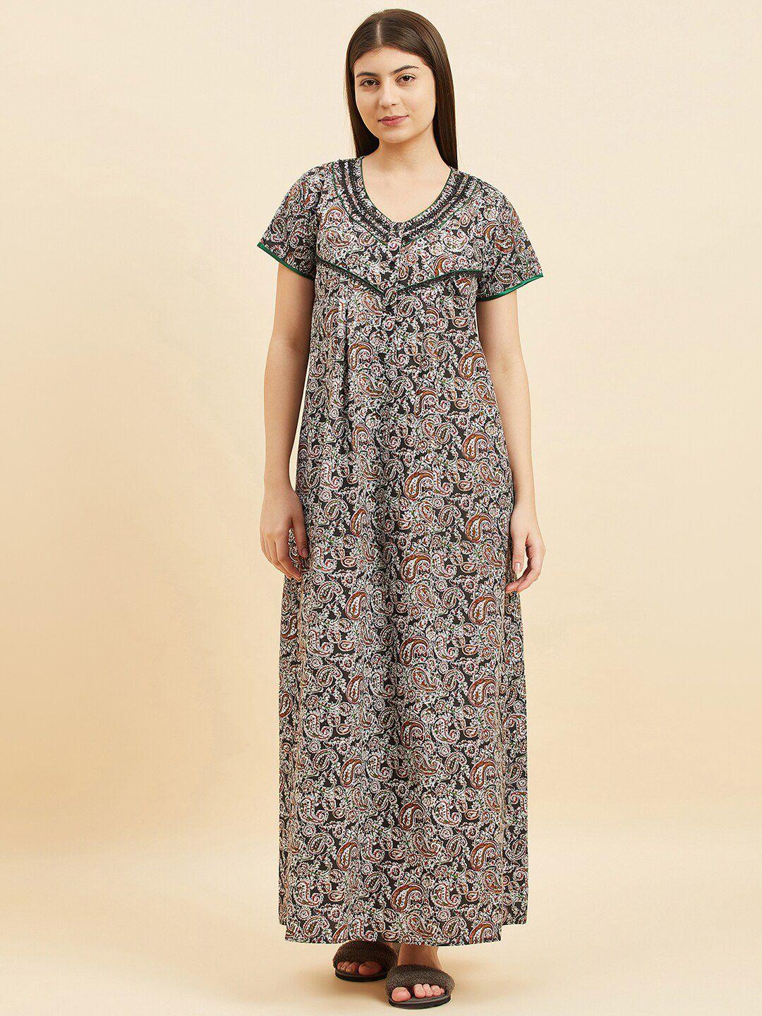 sweet dreams black ethnic motifs printed v-neck pure cotton maxi nightdress