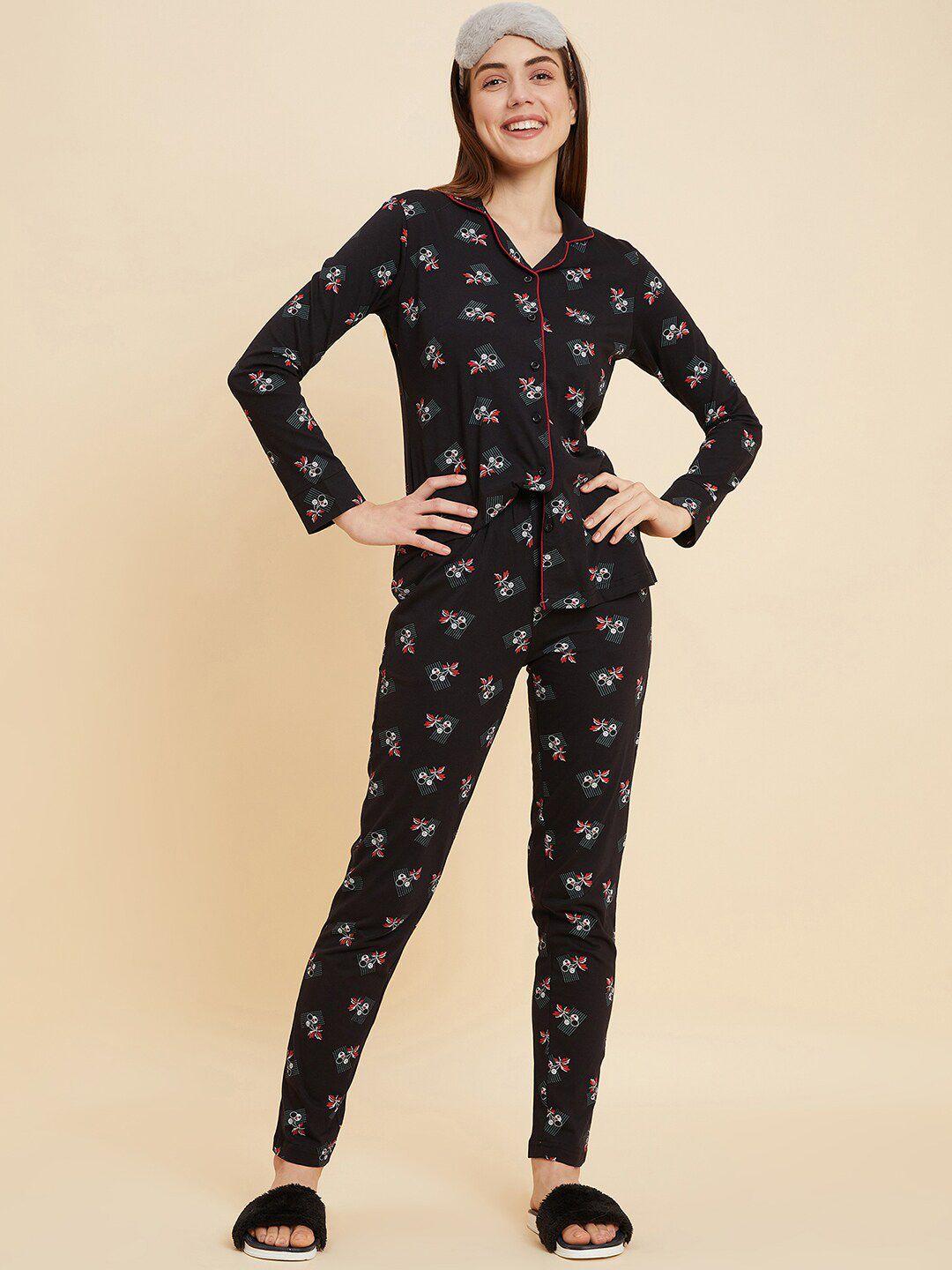 sweet dreams black floral printed pure cotton night suit