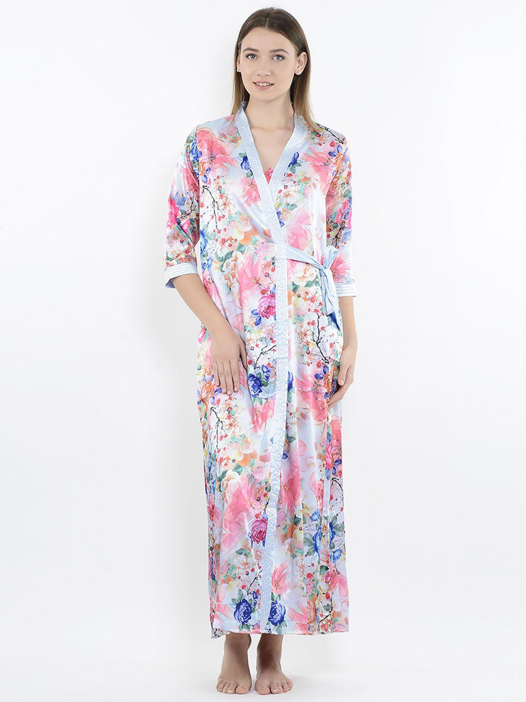 sweet dreams blue & coral pink printed nightdress with robe