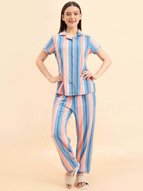 sweet dreams blue & peach striped shirt pyjamas set