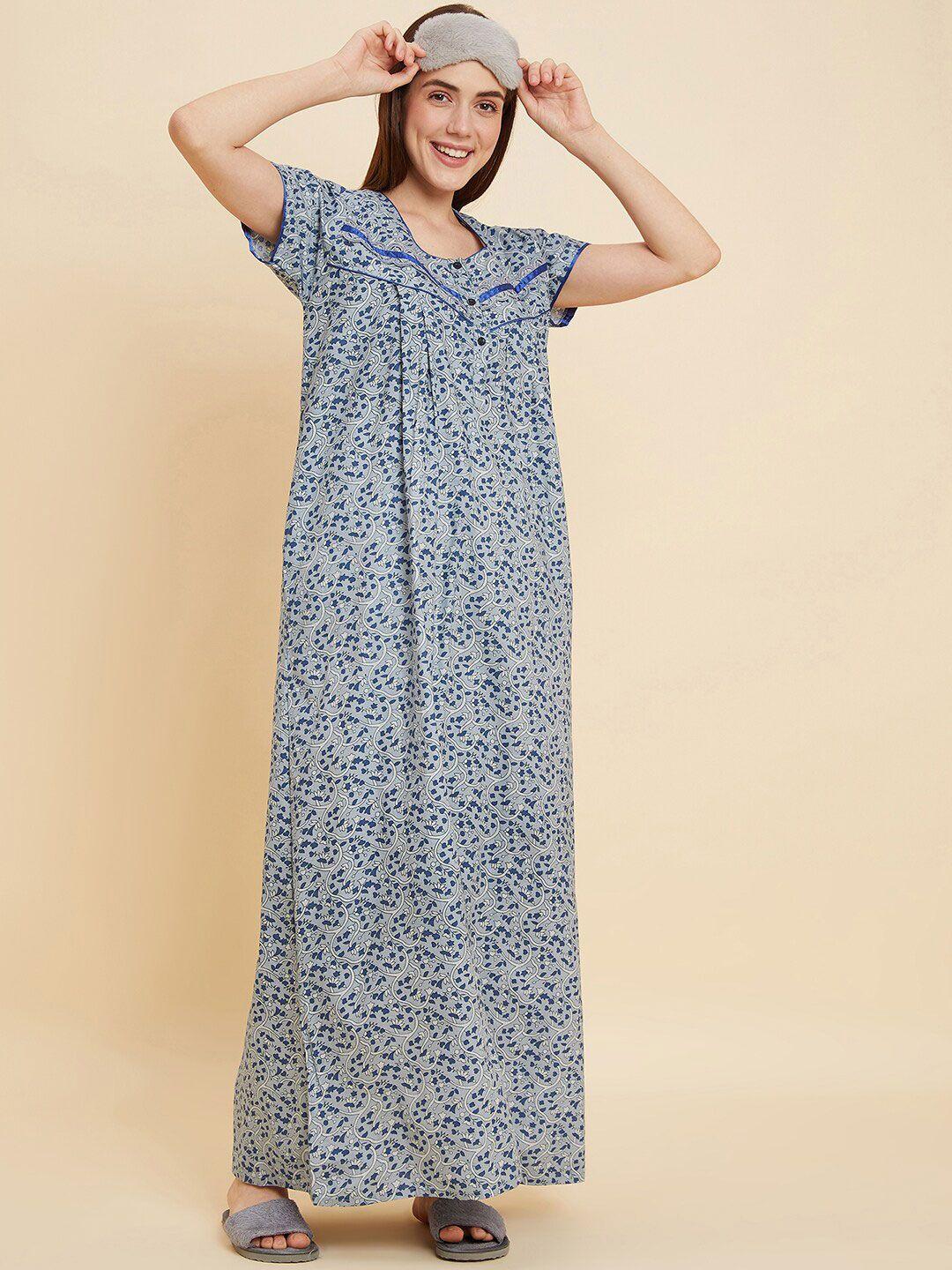 sweet dreams blue & white floral printed pure cotton maxi nightdress