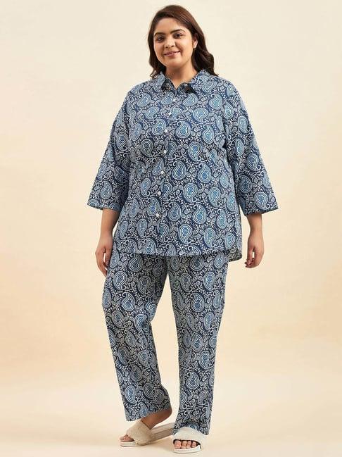 sweet dreams blue cotton paisley print shirt pyjama set
