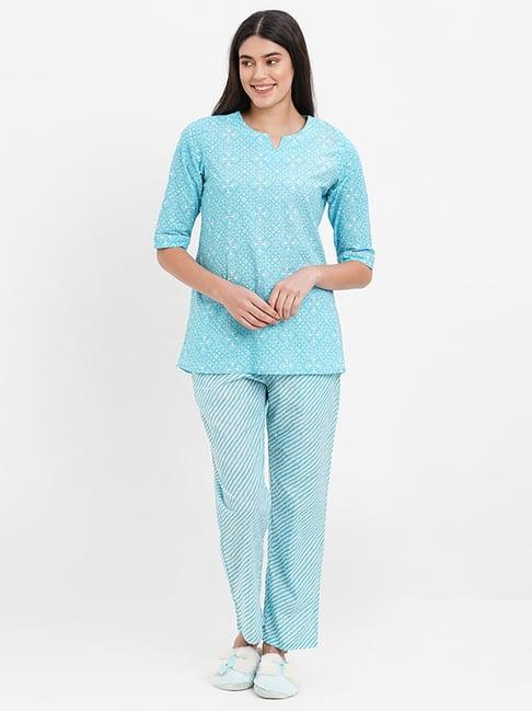 sweet dreams blue cotton printed top pyjama set
