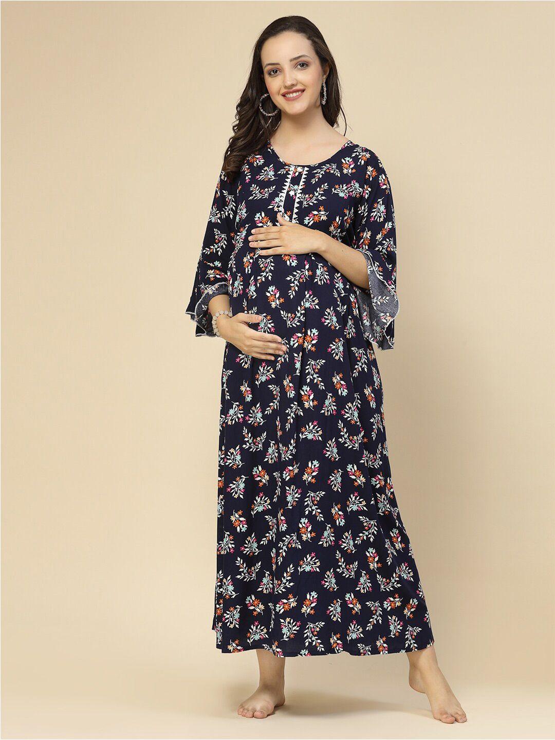 sweet dreams blue floral printed bell sleeve maternity dress