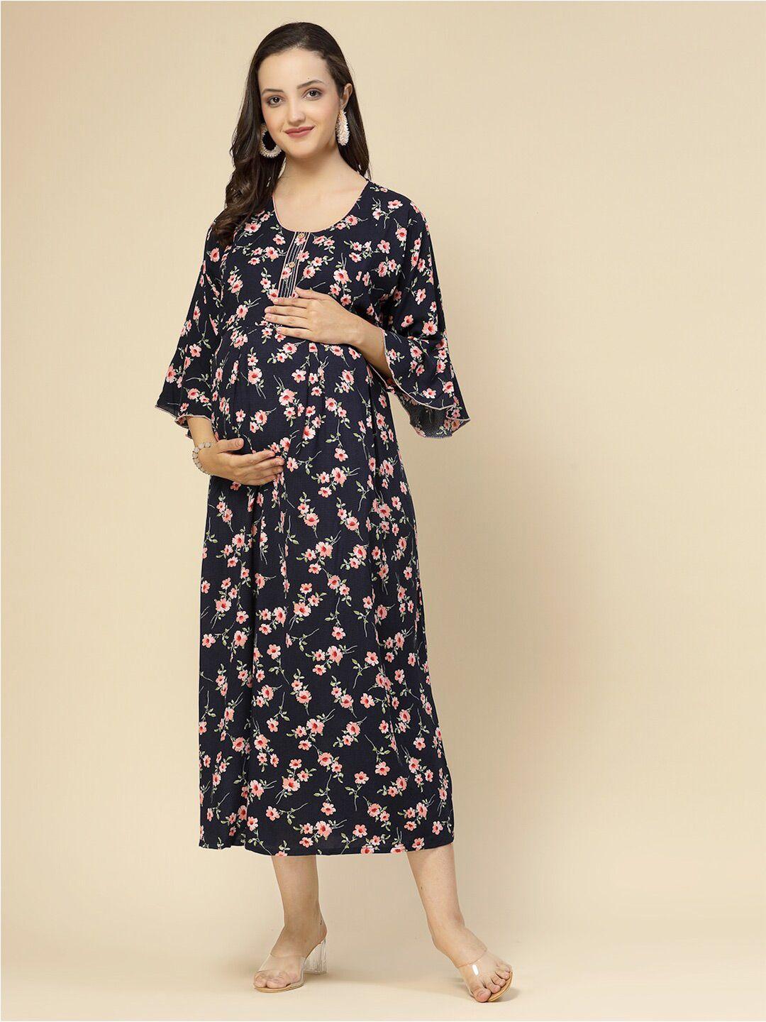 sweet dreams blue floral printed bell sleeves pleated maternity a-line midi dress