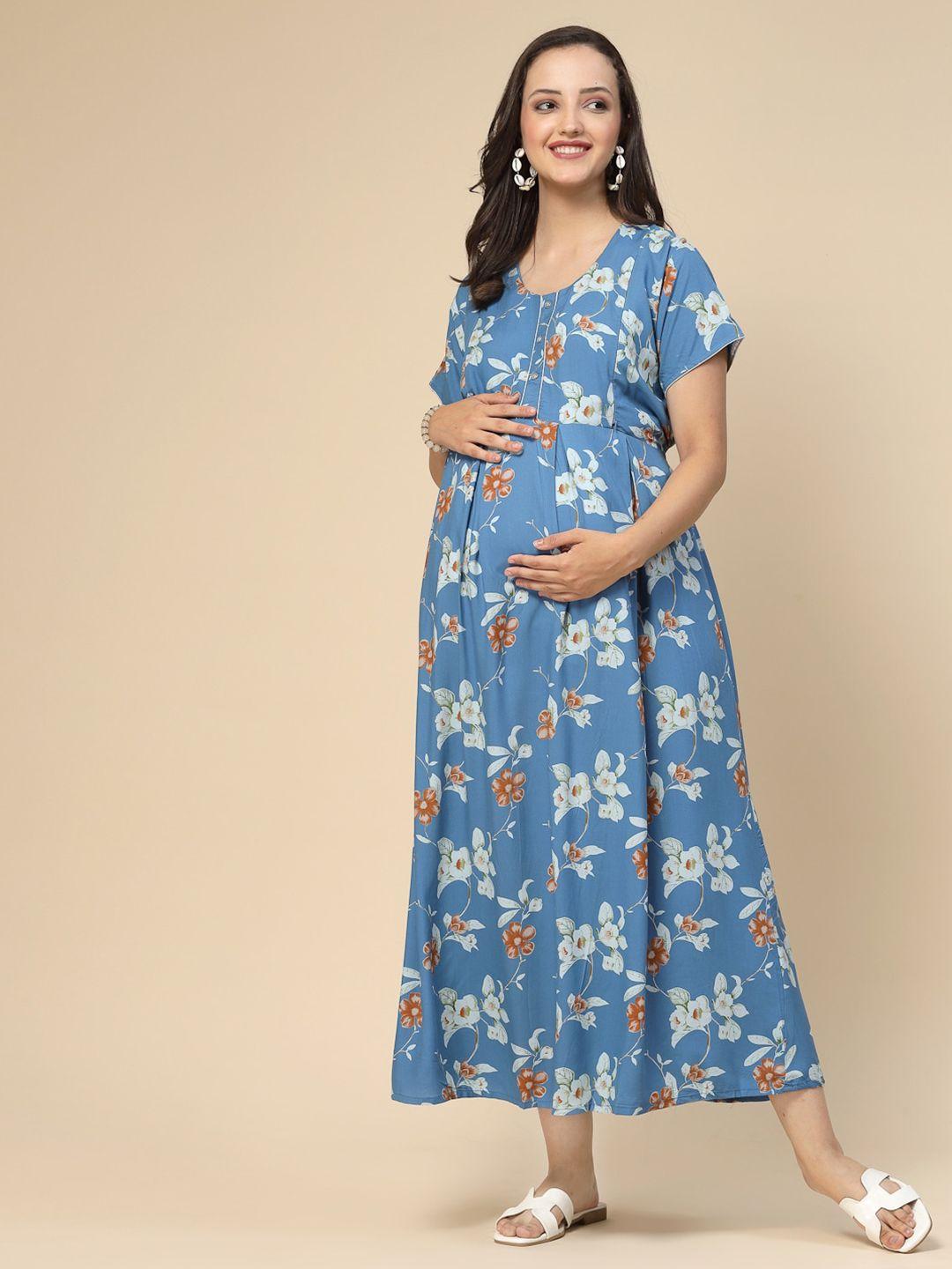 sweet dreams blue floral printed fit & flare maternity dress