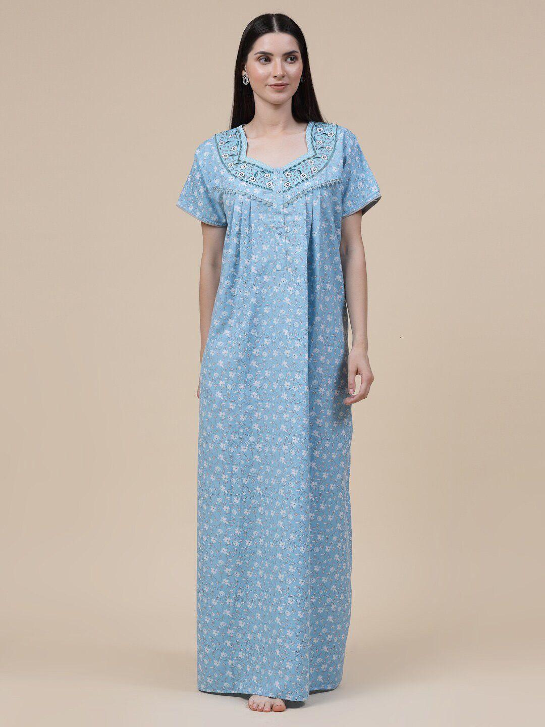 sweet dreams blue floral printed pure cotton maxi nightdress