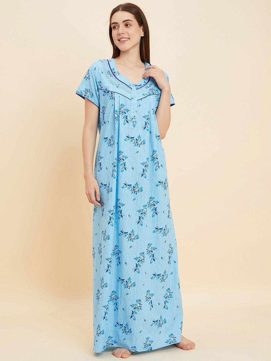 sweet dreams blue floral printed pure cotton maxi nightdress