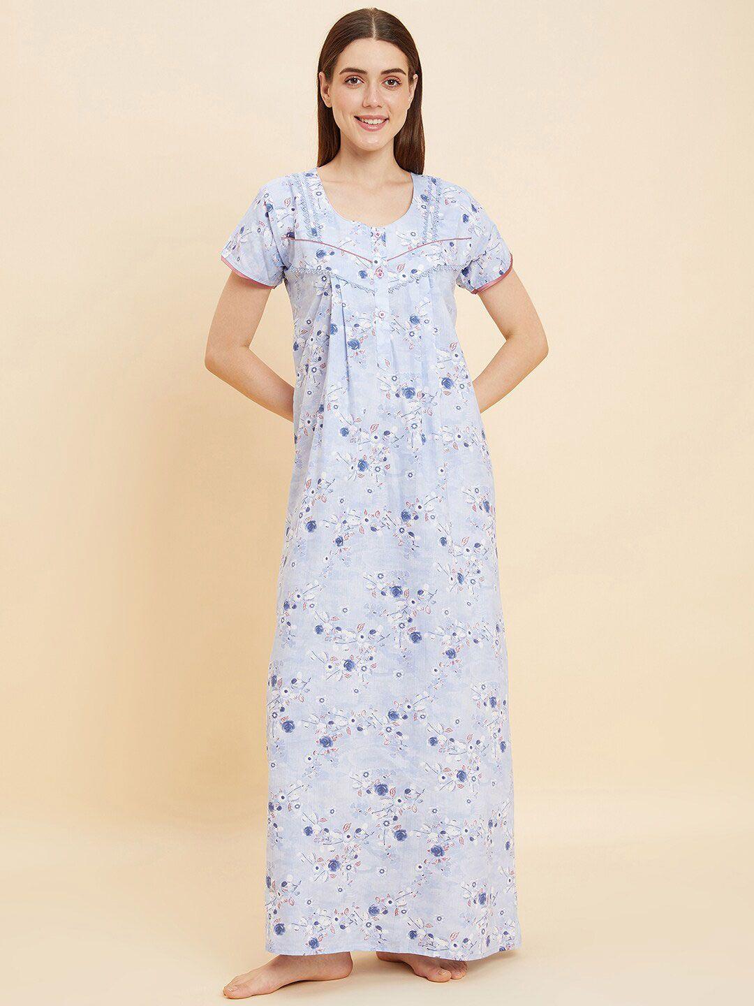 sweet dreams blue floral printed pure cotton maxi nightdress