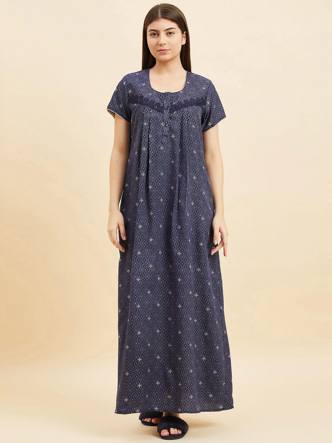 sweet dreams blue floral printed pure cotton maxi nightdress