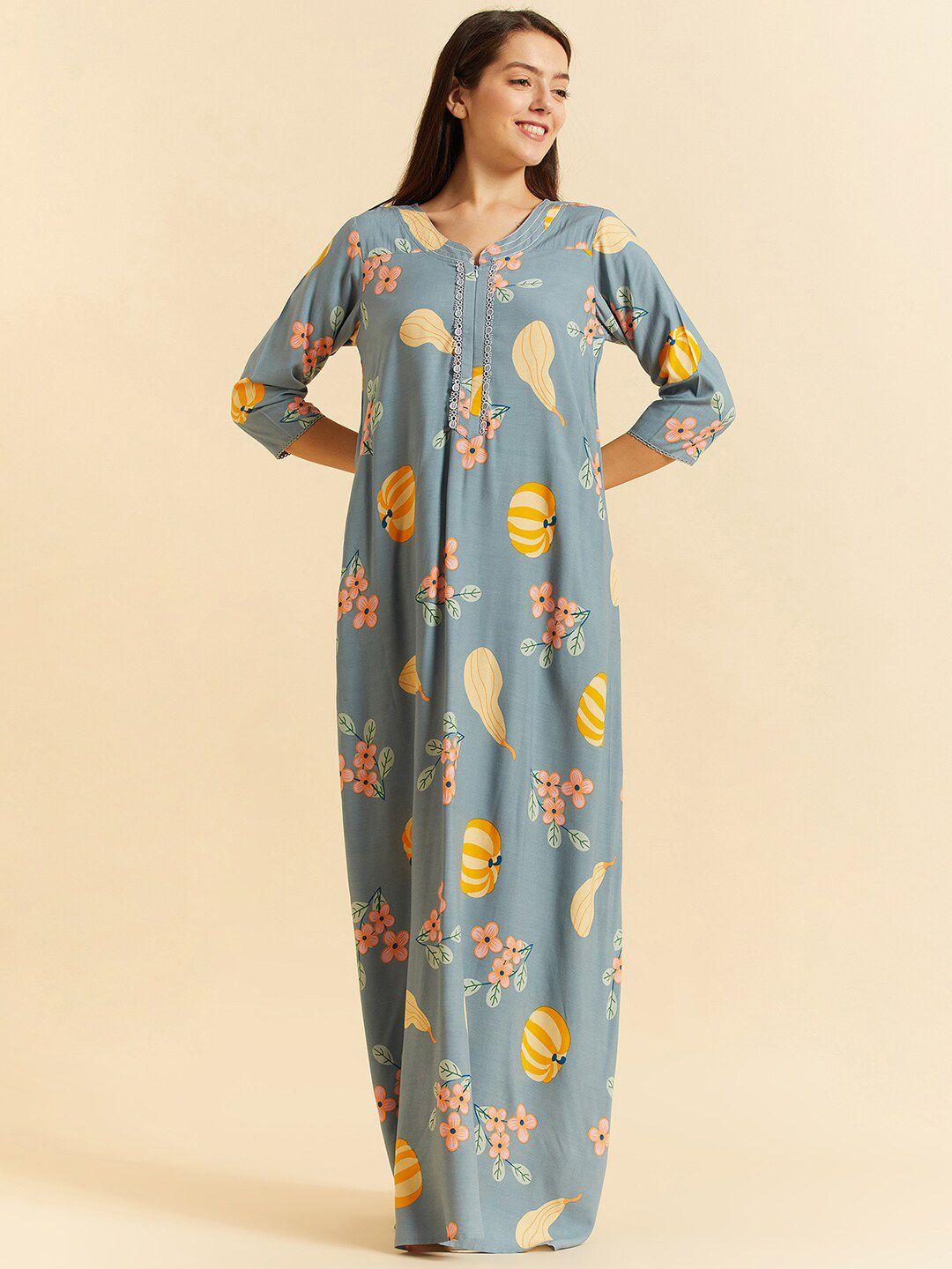 sweet dreams blue floral printed v-neck maxi nightdress