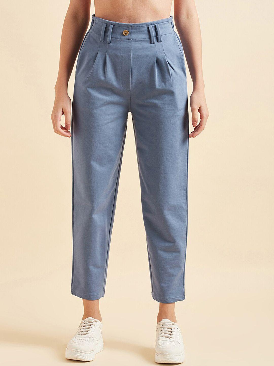 sweet dreams blue women mid-rise cotton pleated trousers
