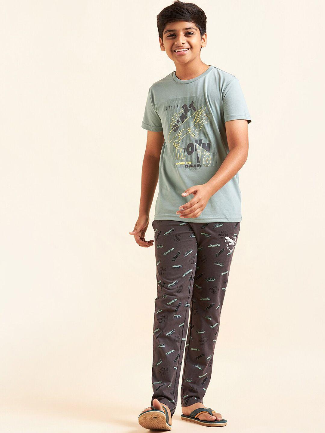 sweet dreams boys grey printed mid-rise pure cotton lounge pants