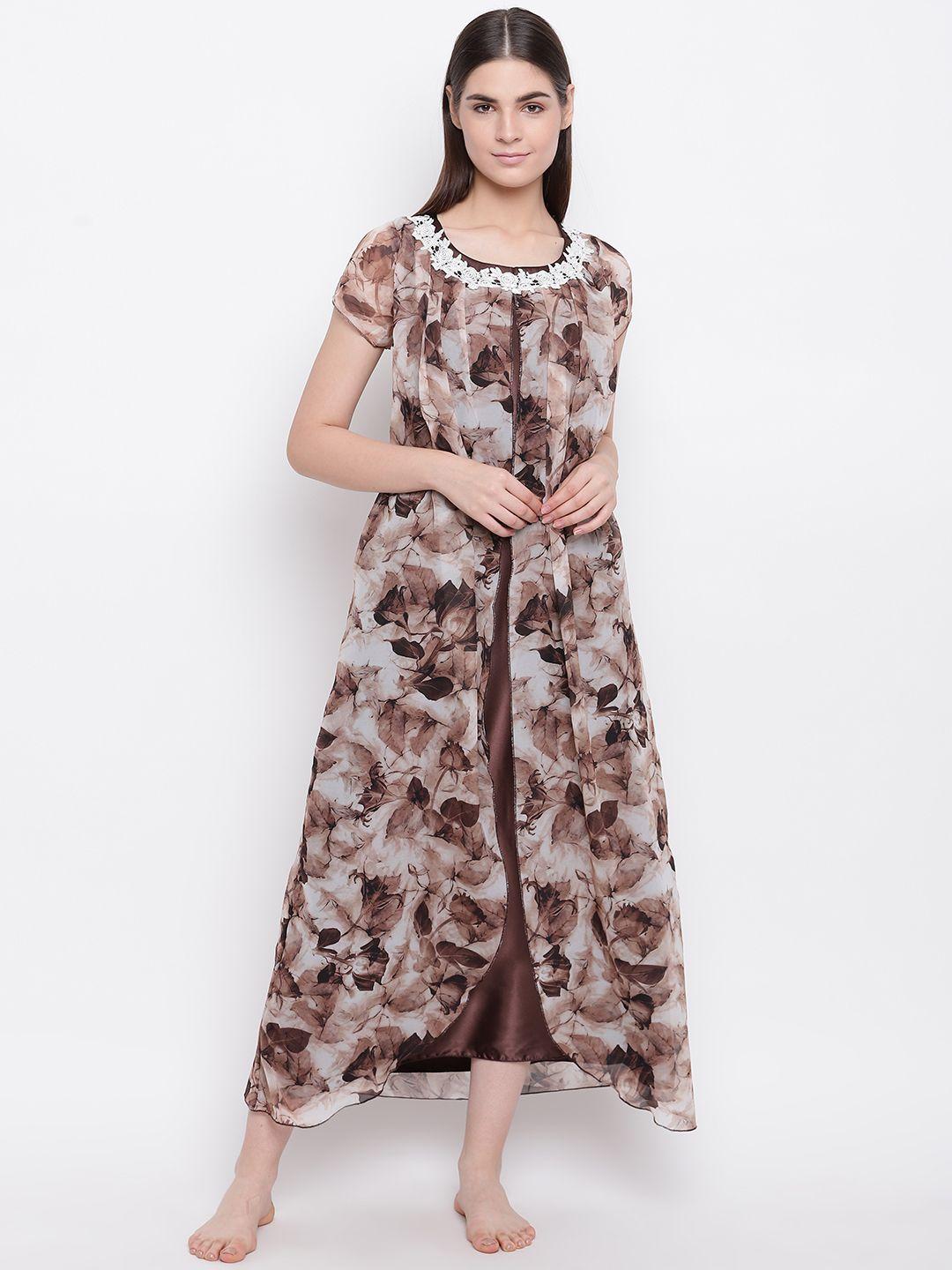 sweet dreams brown & off-white floral print satin finish layered maxi nightdress