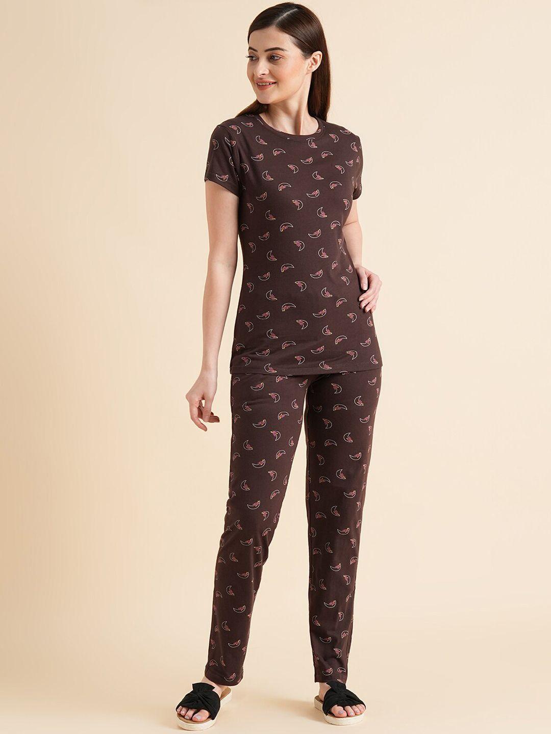 sweet dreams brown & pink conversational printed pure cotton night suit
