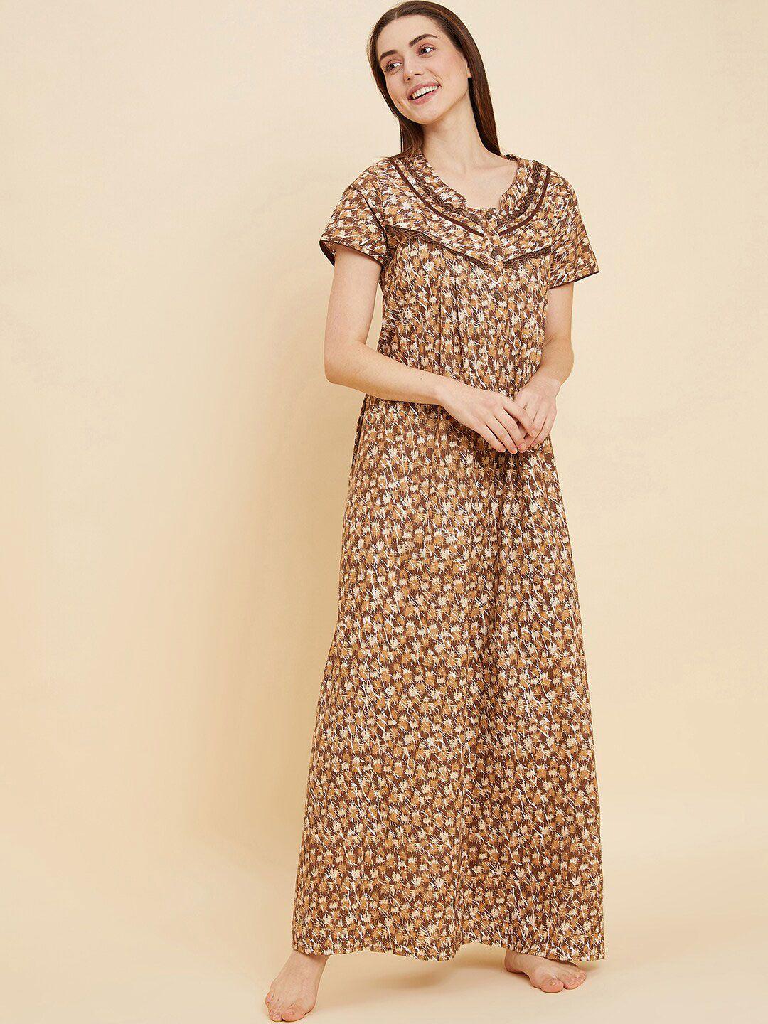 sweet dreams brown abstract printed pure cotton maxi nightdress