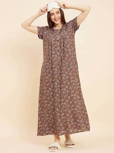 sweet dreams brown cotton floral print night gown