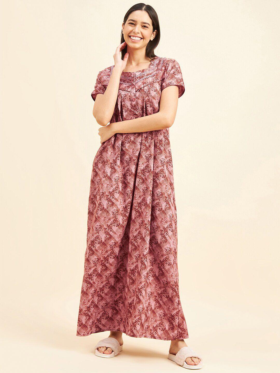 sweet dreams brown ethnic motifs printed maxi nightdress