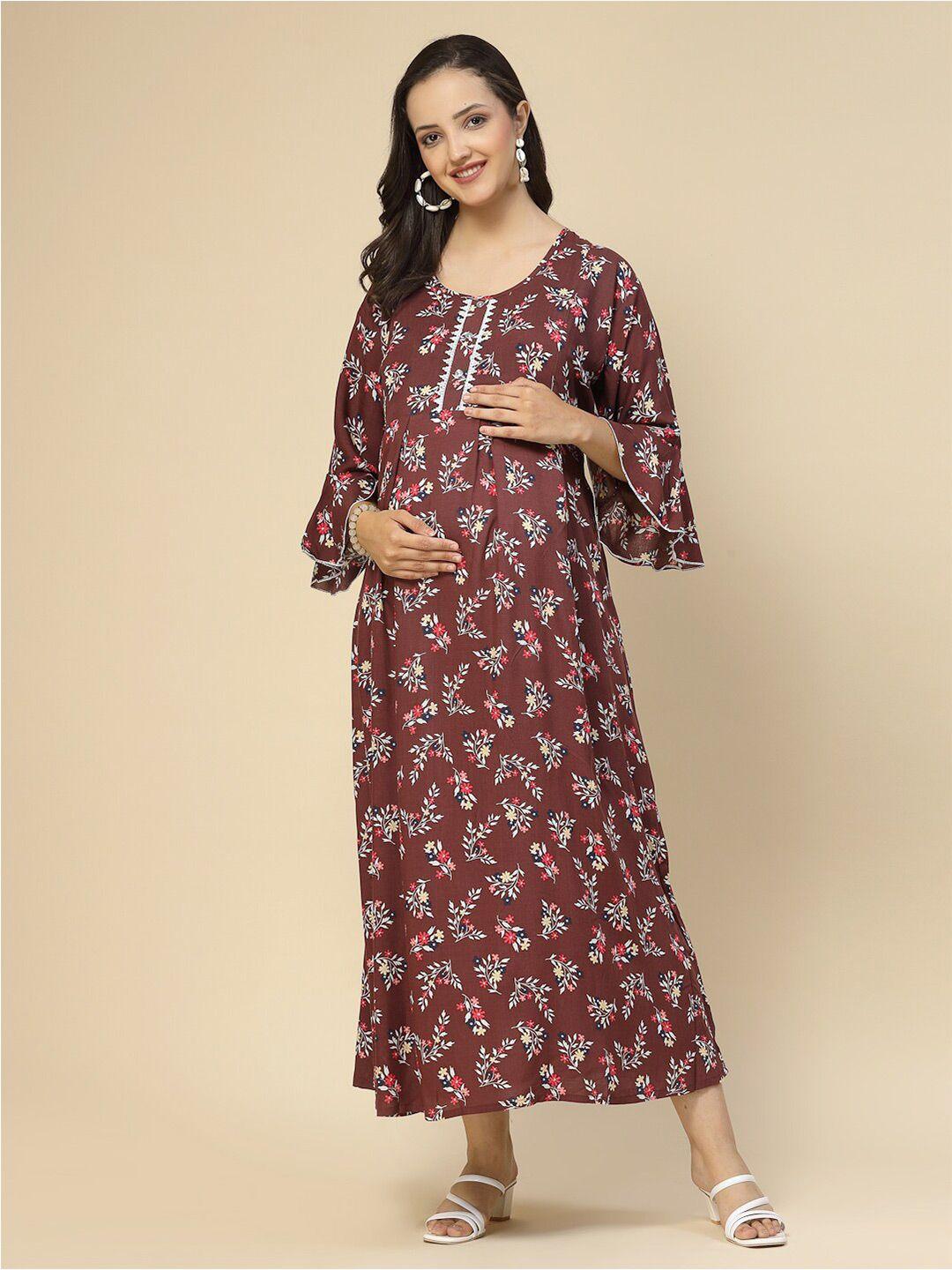 sweet dreams brown floral printed bell sleeves pleated maternity a-line midi dress