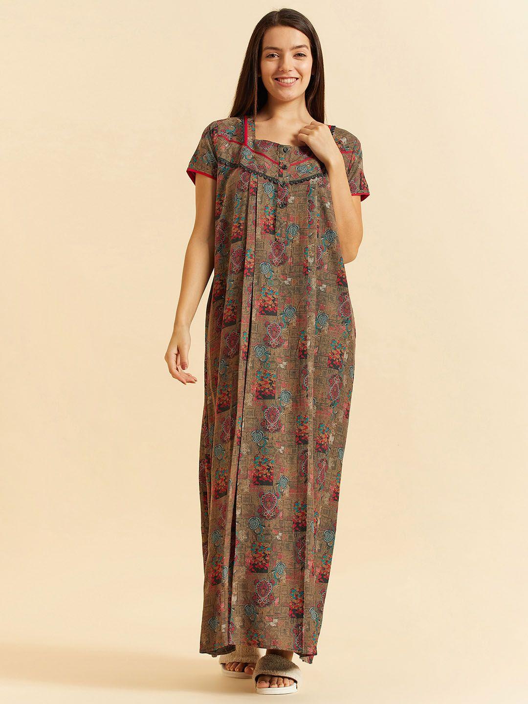 sweet dreams brown floral printed pure cotton maxi nightdress