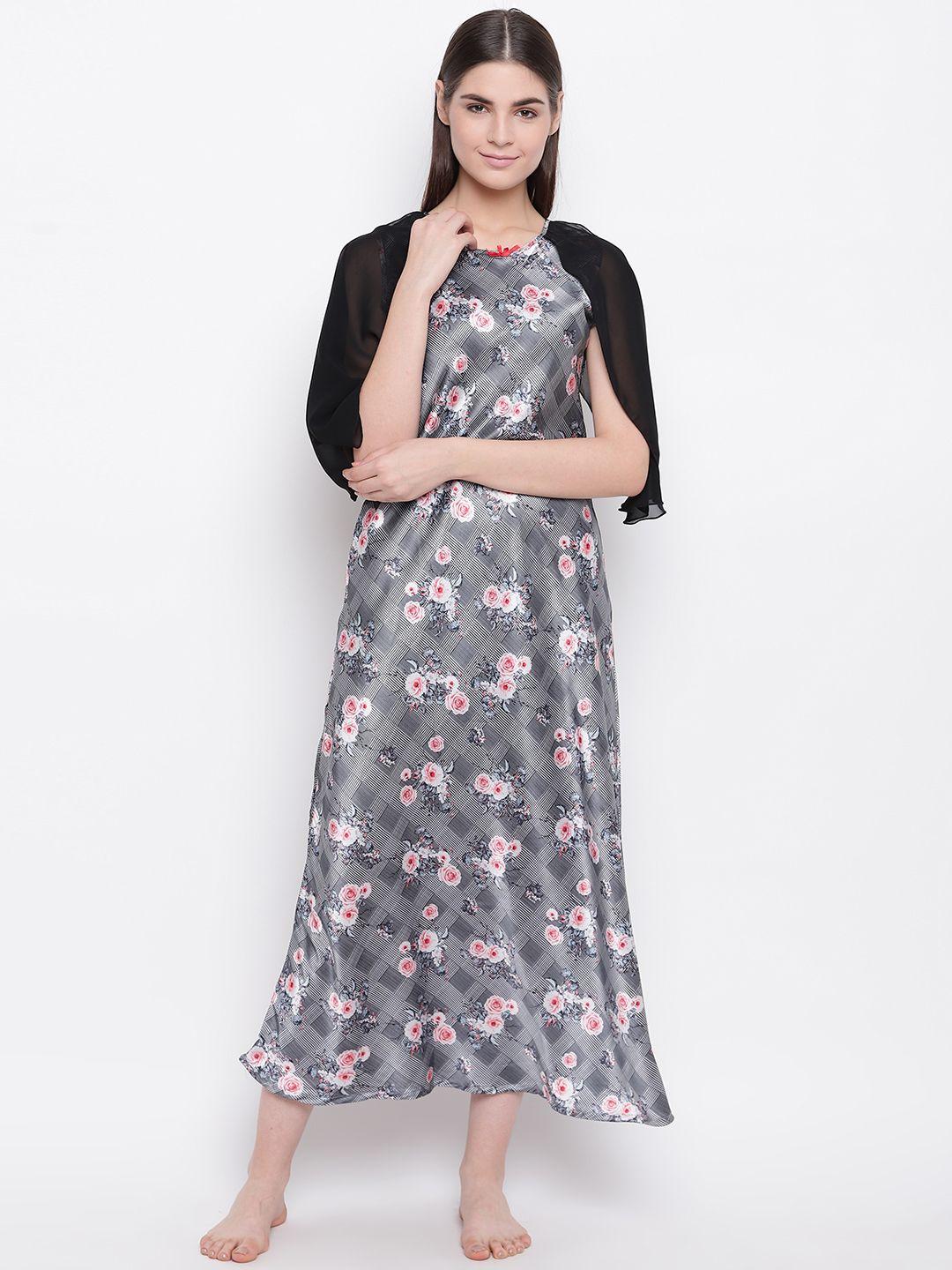 sweet dreams charcoal grey & off-white printed satin finish maxi nightdress