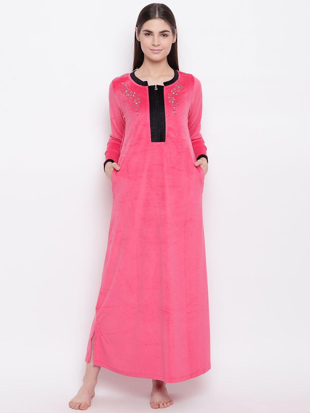 sweet dreams coral pink velvet finish solid maxi nightdress
