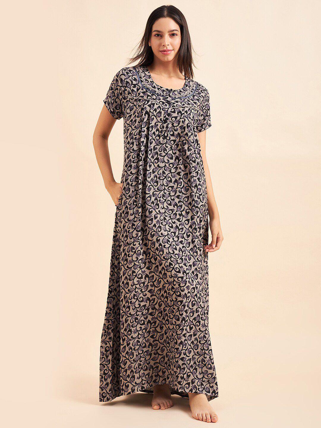 sweet dreams cream-color & black floral printed maxi pure cotton nightdress