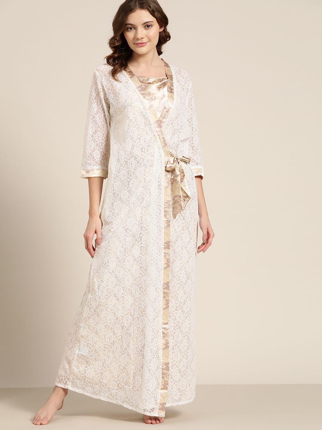 sweet dreams cream-coloured & mauve printed maxi nightdress with robe