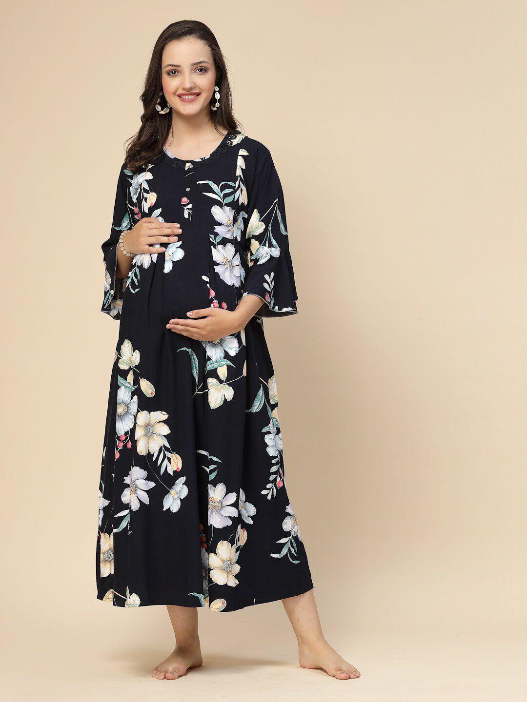 sweet dreams floral printed maternity & feeding zip midi nightdress