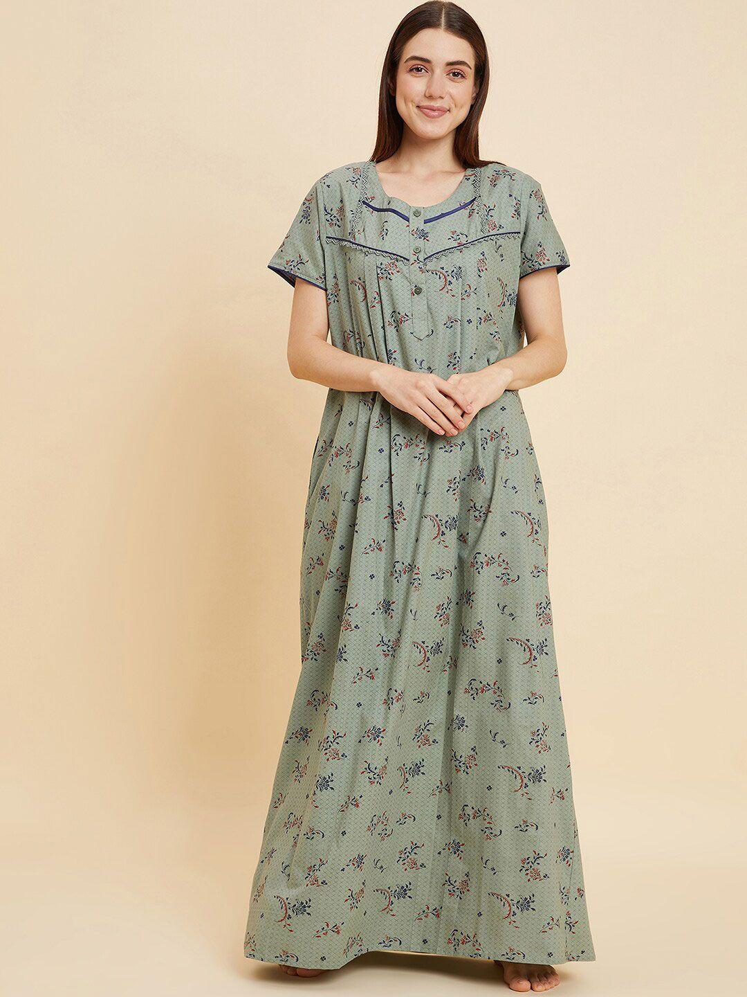 sweet dreams green & navy blue floral printed round neck pure cotton maxi nightdress